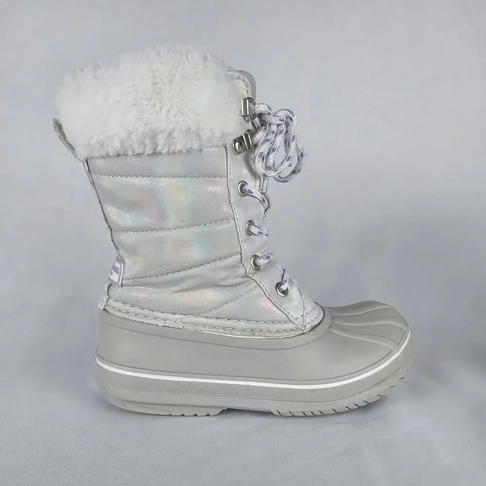 London Fog Girls Bell Court Winter Snow Boots Silver Iridescent Faux Fur Size 12